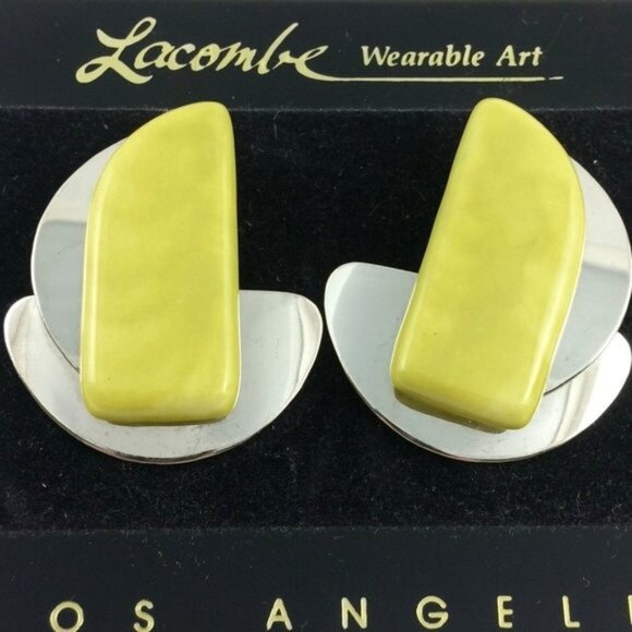 Vintage Lacombe Wearable Art Clip On Earrings Geometric Yellow Silver 1980s Bold - Picture 1 of 16